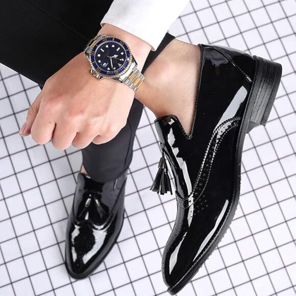 Santimon Men's US 8, 12 Black Patent Leather Wingtip Tassel Loafers Dress Shoes - Picture 9 of 12